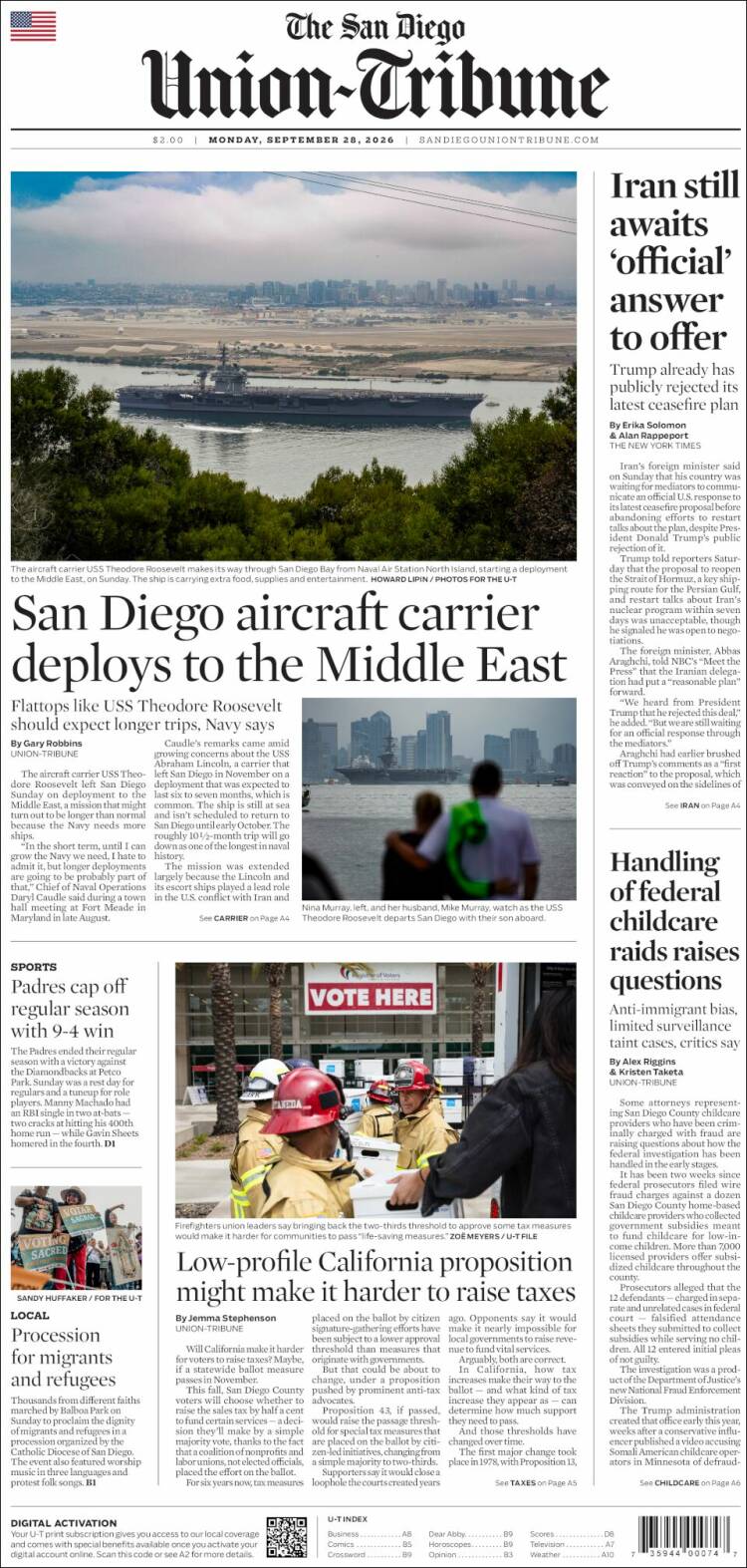 Portada de The San Diego Union-Tribune (USA)