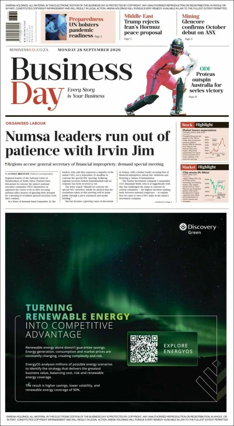 Portada de Business Day (Sud&aacute;frica)
