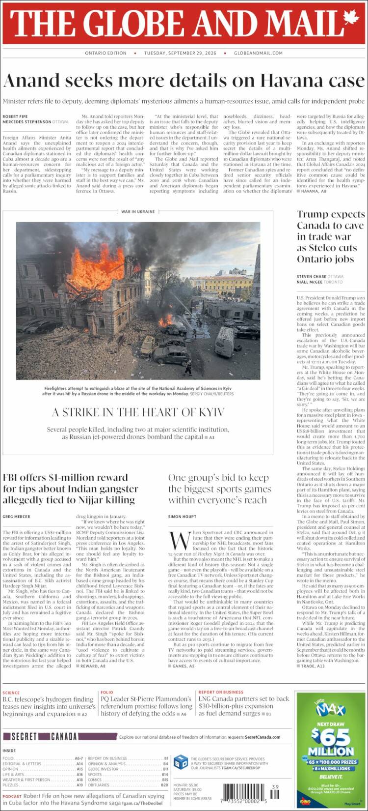 Portada de The Globe and Mail (Canad&aacute;)