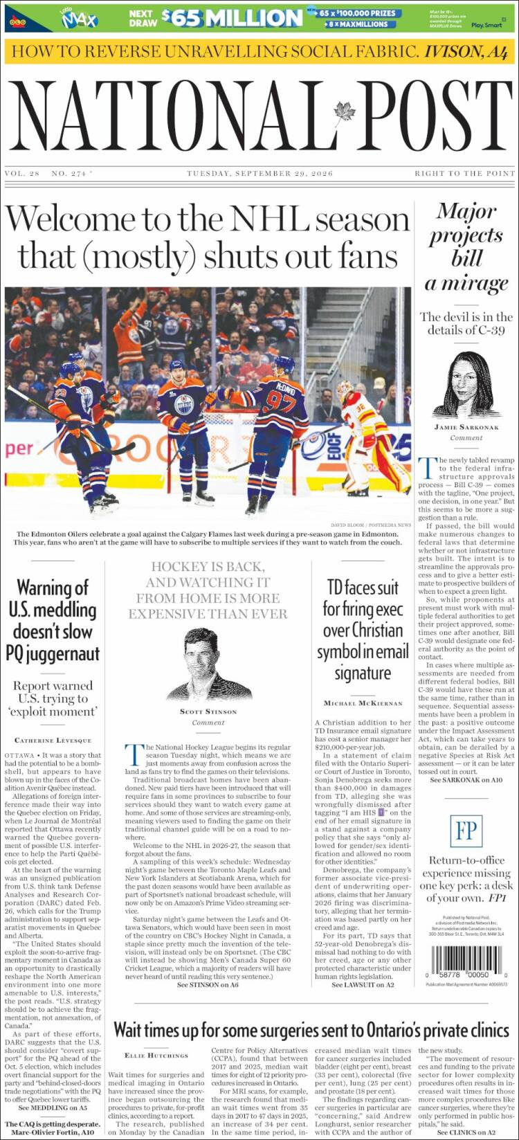Portada de The National Post (Canad&aacute;)