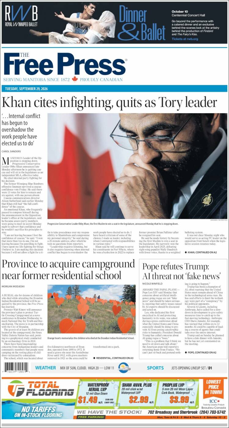 Portada de Winnipeg Free Press (Canad&aacute;)