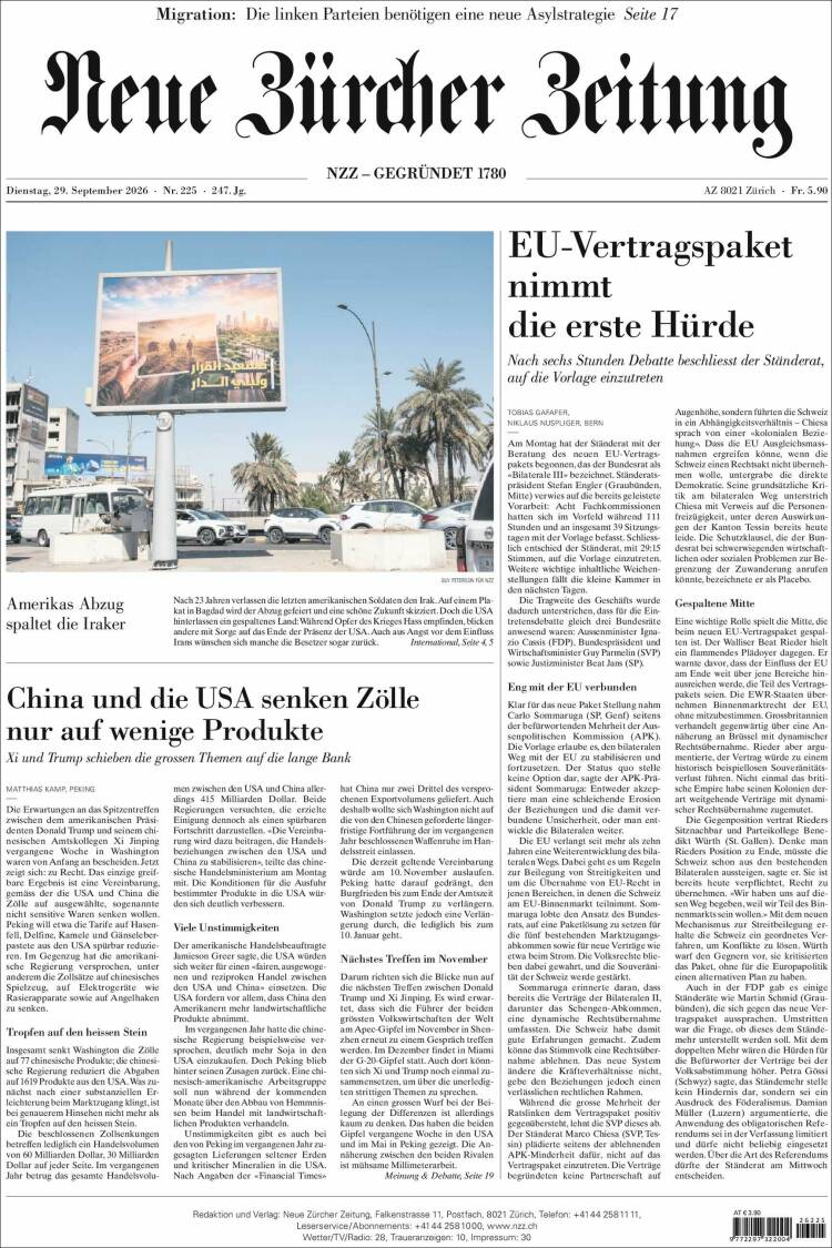 Portada de Neue Zürcher Zeitung (Suiza)