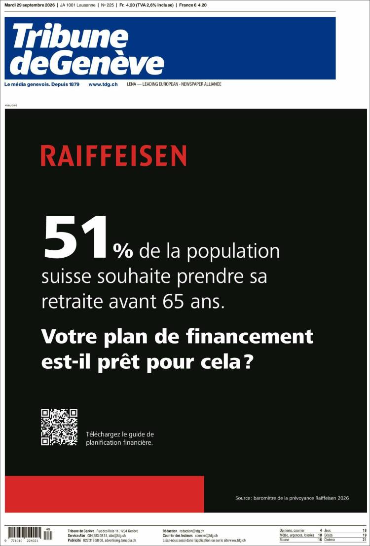 Portada de La Tribune de Genève (Suiza)