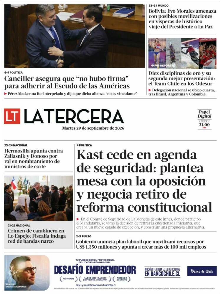 Portada de La Tercera (Chile)