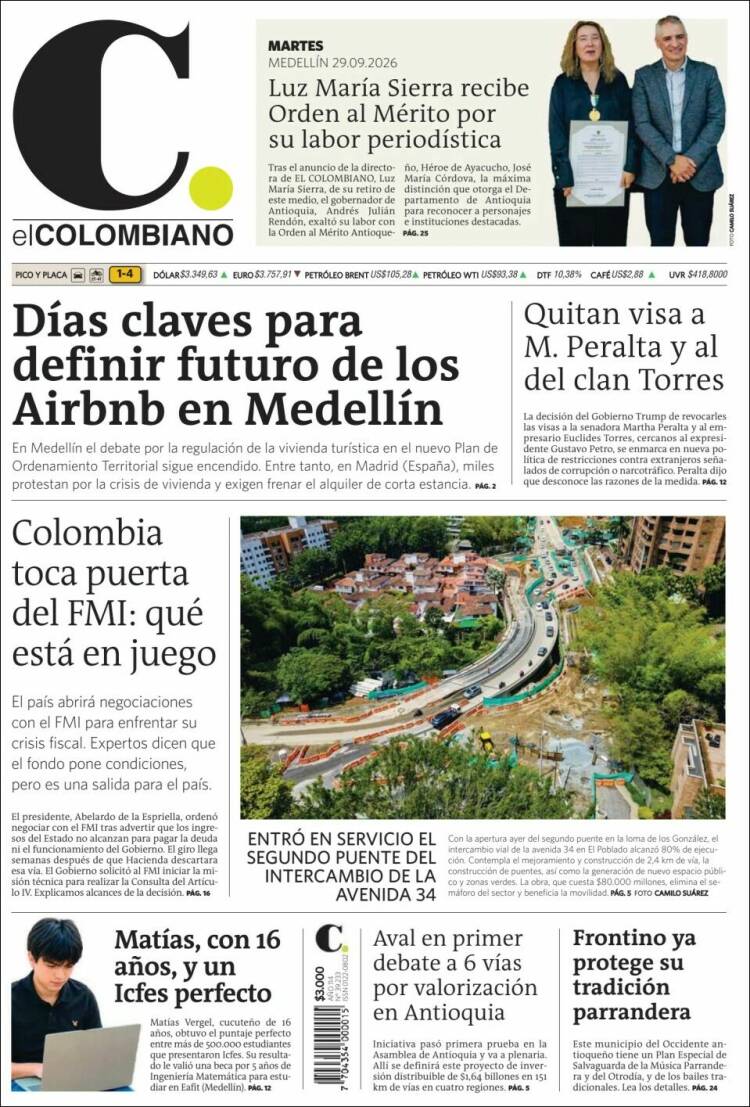 Portada de El Colombiano (Colombia)