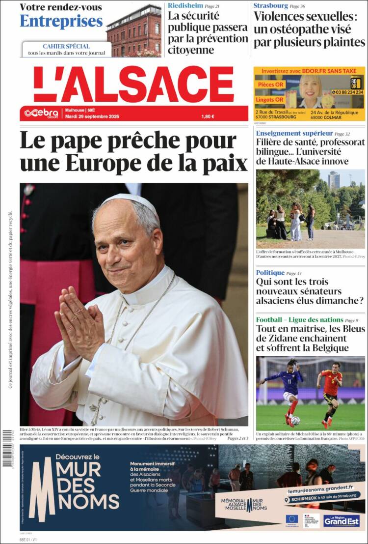 Portada de Journal L'Alsace (Francia)