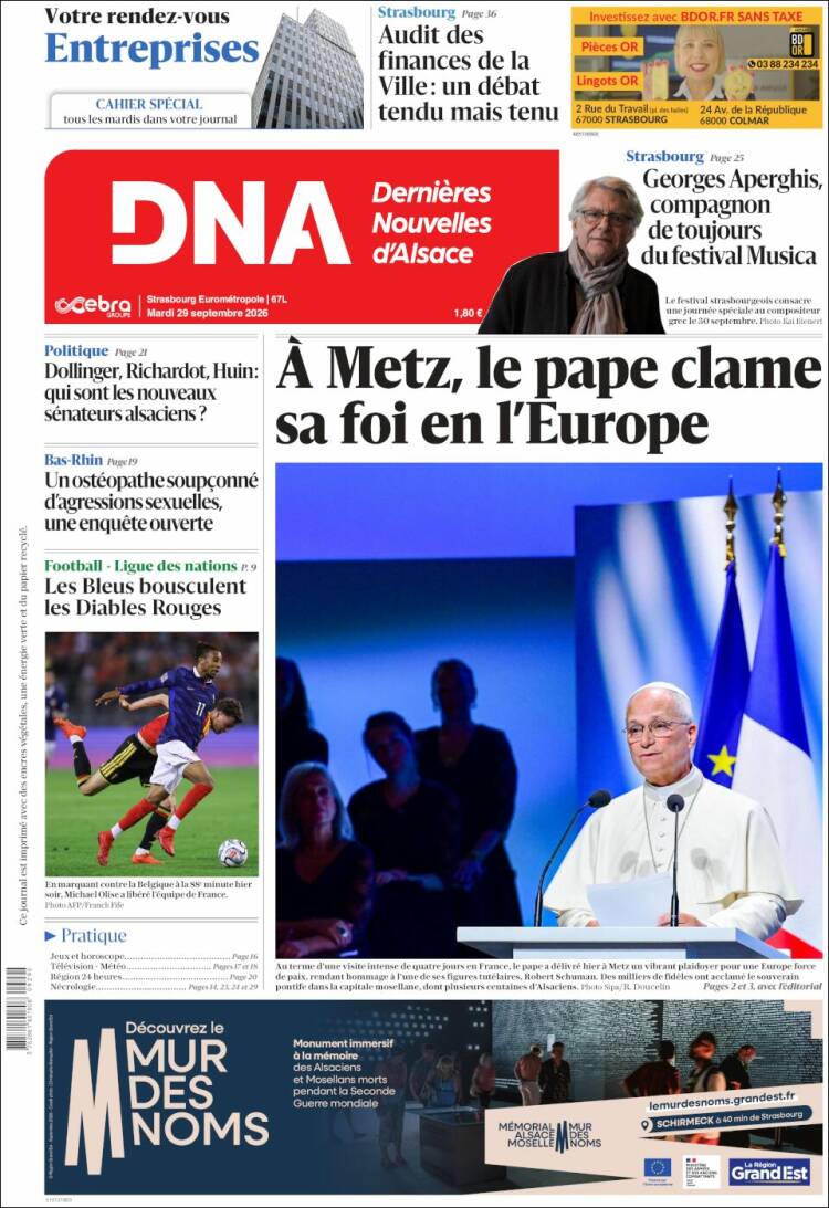 Portada de Les Dernières Nouvelles d'Alsace (Francia)