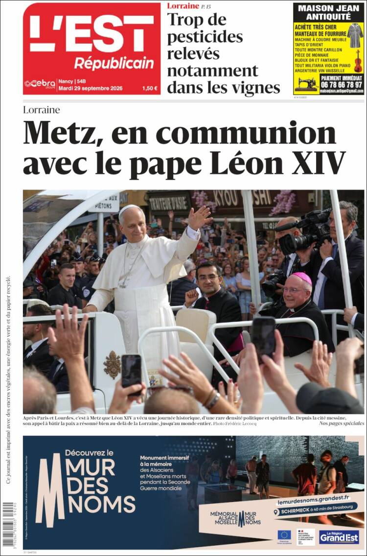 Portada de L'Est Republicain (Francia)