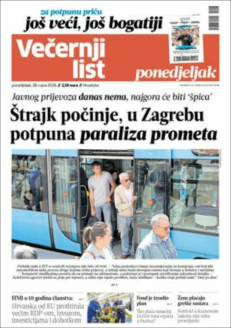Portada de Večernji (Croacia)