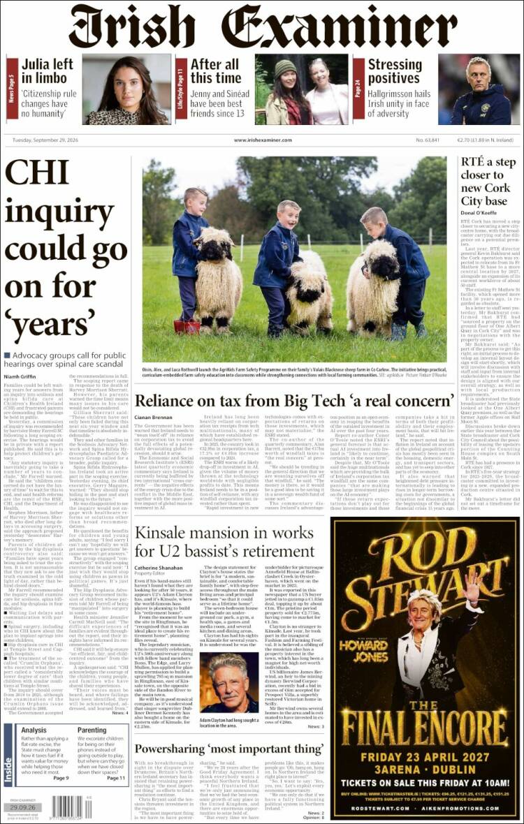 Portada de Irish Examiner (Irlanda)
