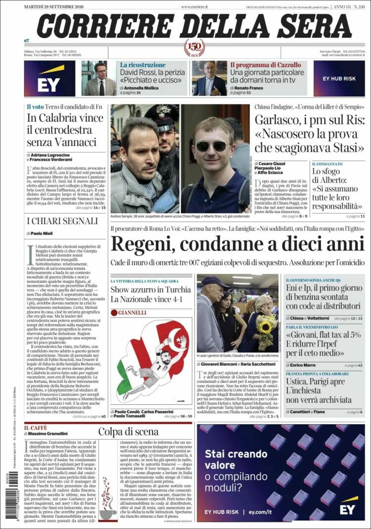 Portada de Corriere della Sera (Italia)