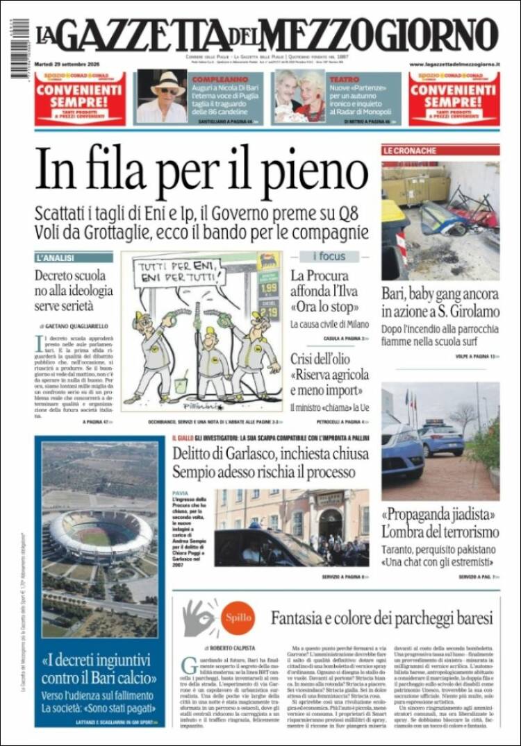 Portada de La Gazzetta del Mezzogiorno (Italia)