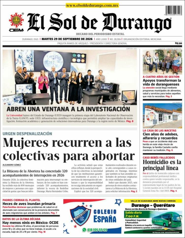Portada de El Sol de Durango (M&eacute;xico)