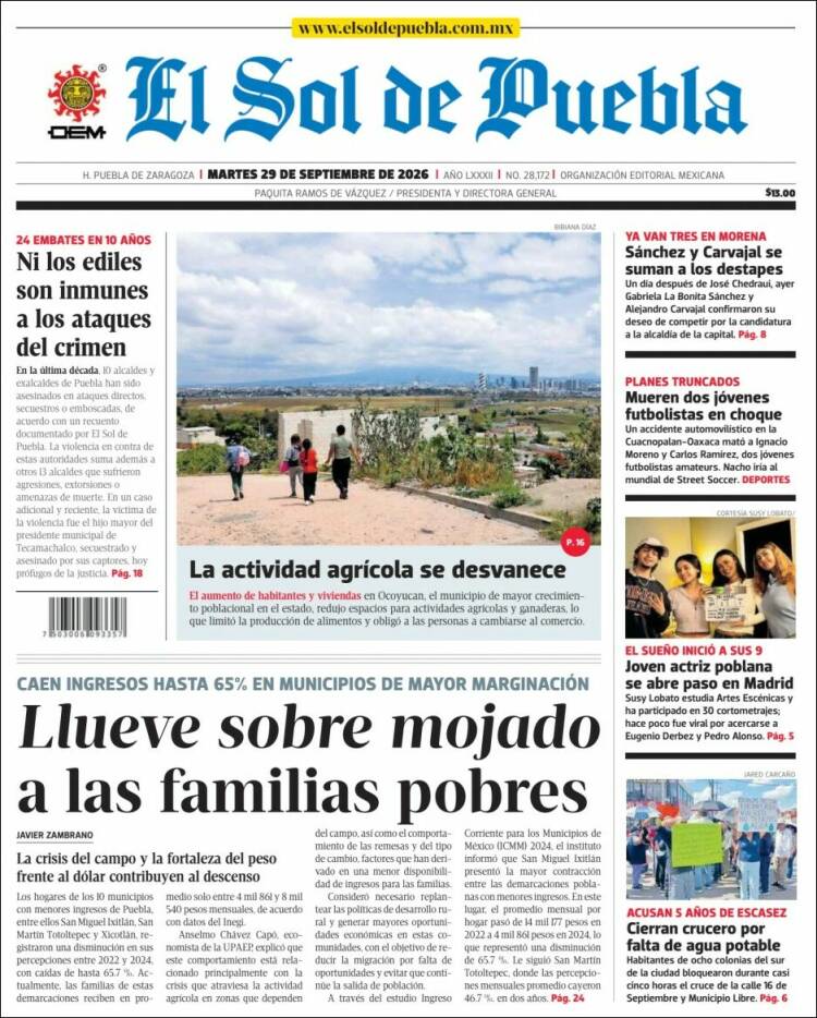 Portada de El Sol de Puebla (M&eacute;xico)