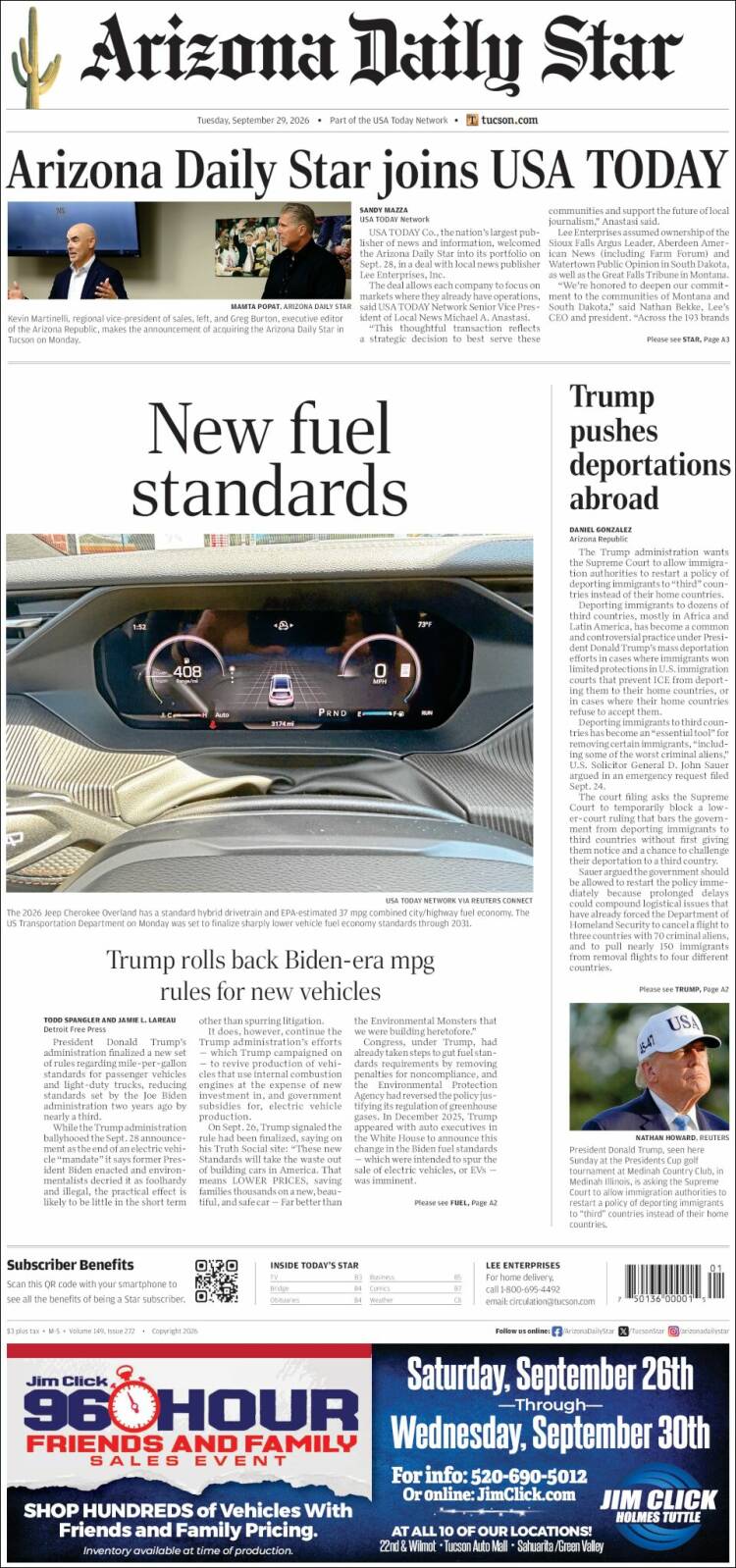 Portada de Arizona Daily Star (USA)