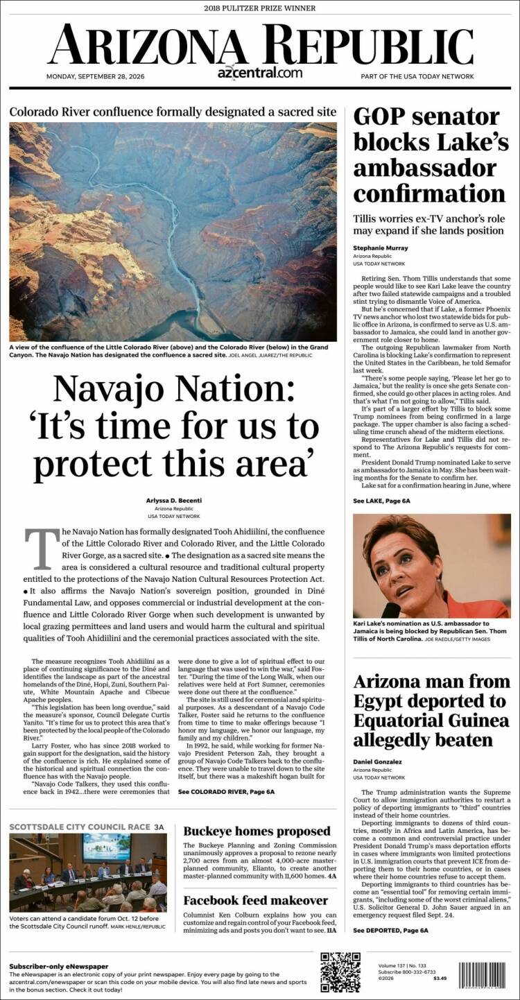 Portada de Arizona Republic News (USA)