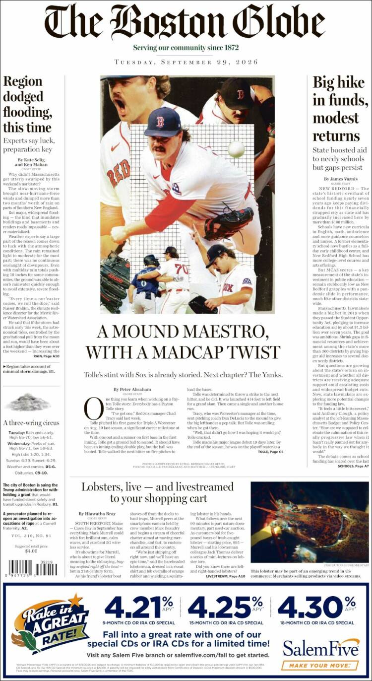 Portada de Boston Globe (USA)