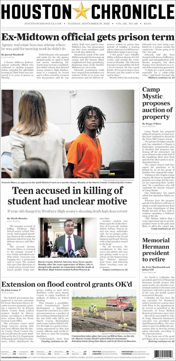 Portada de Houston Chronicle (USA)