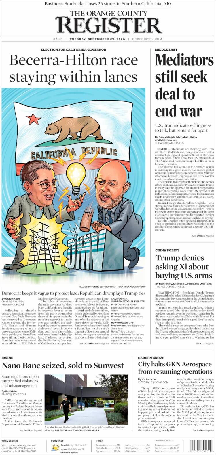 Portada de The Orange County Register (USA)