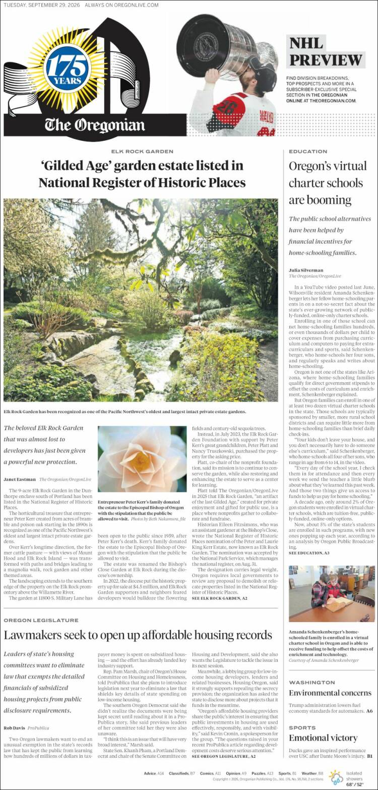 Portada de The Oregonian (USA)