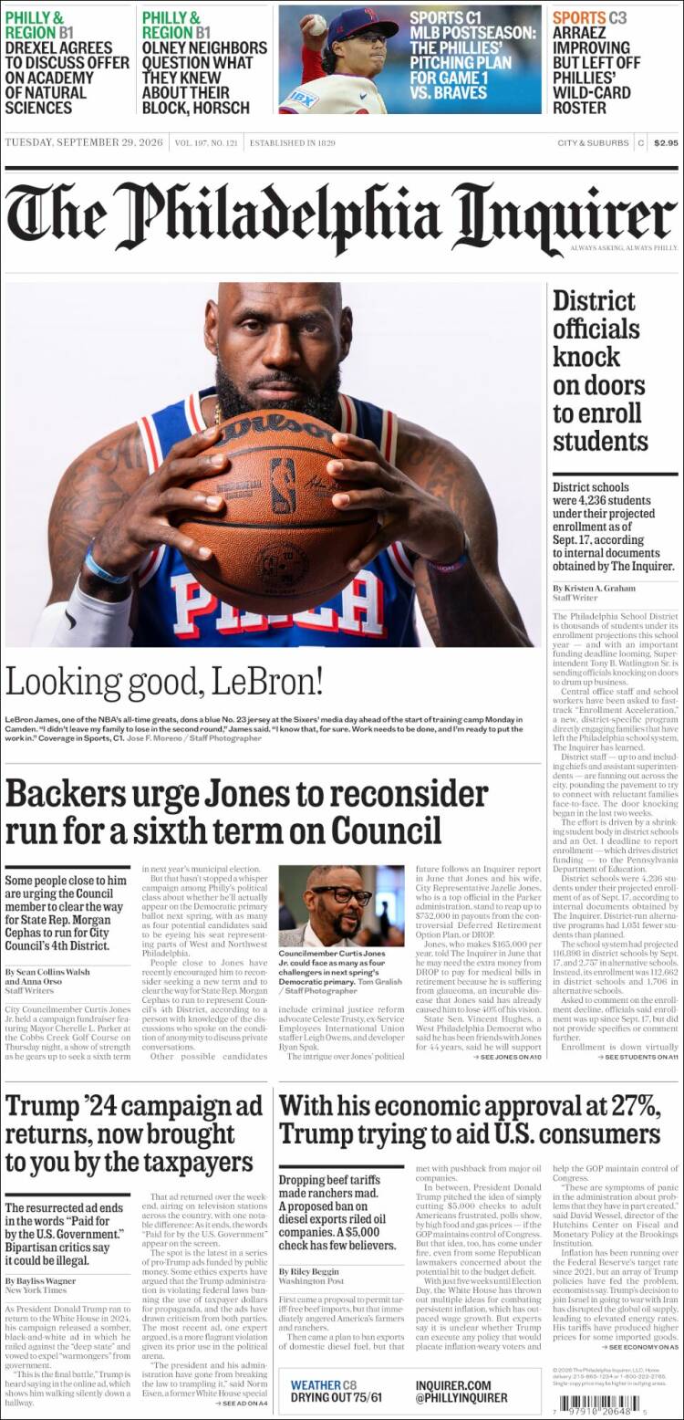 Portada de Philadelphia Inquirer (USA)
