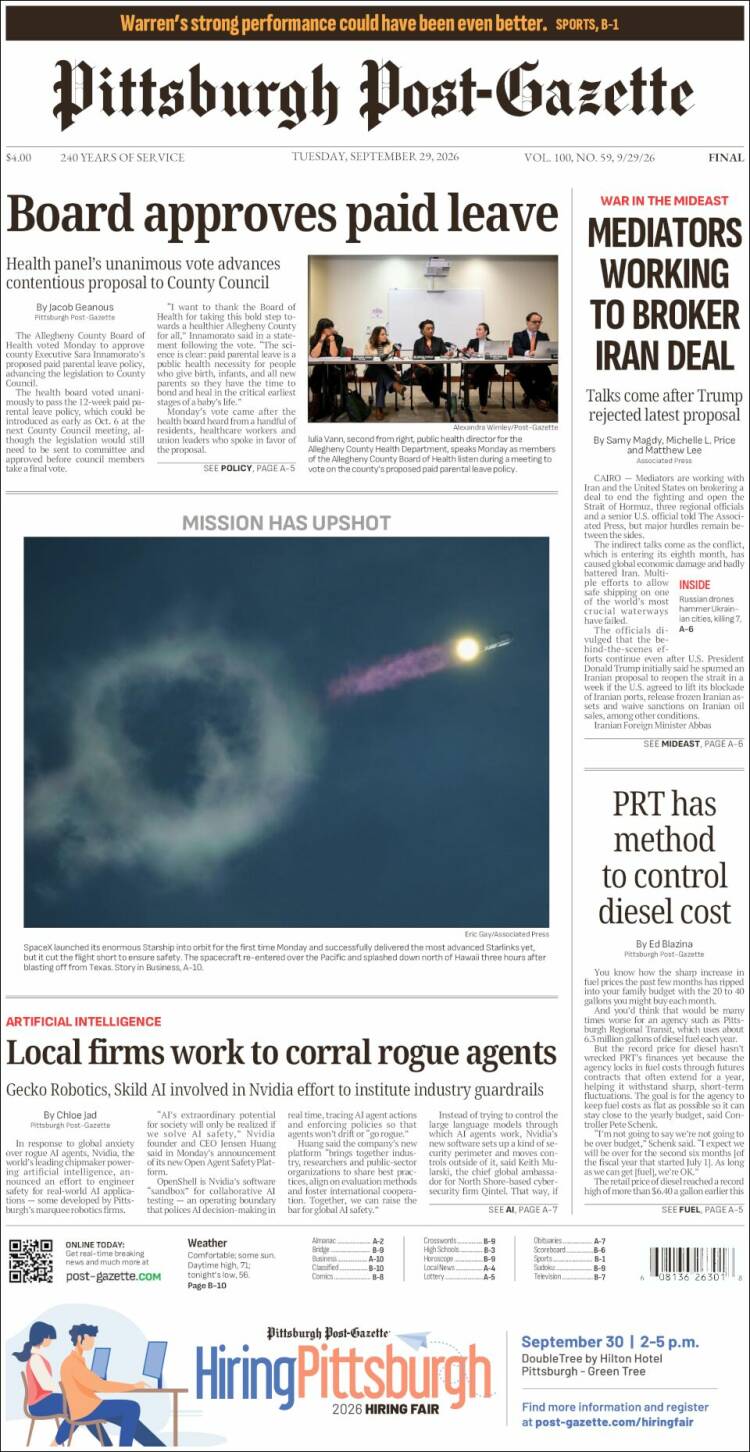 Portada de Pittsburgh Post-Gazette (USA)