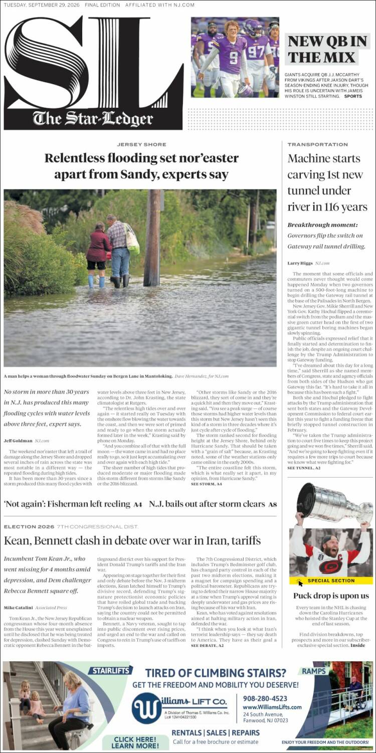 Portada de Star-Ledger (USA)