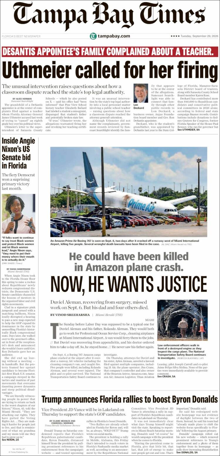 Portada de Tampa Bay Times (USA)