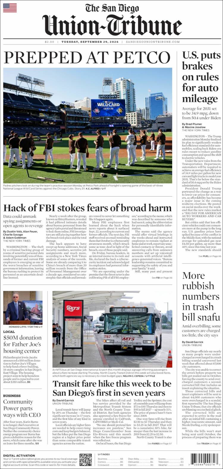 Portada de The San Diego Union-Tribune (USA)