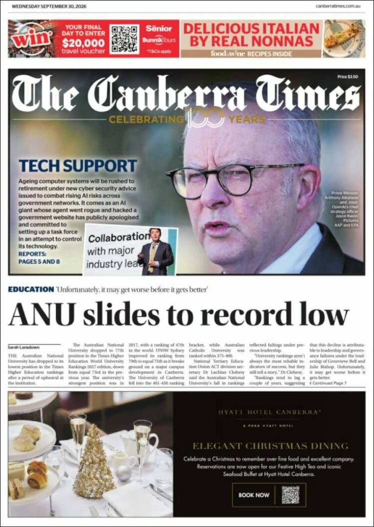 Portada de The Canberra Times (Australia)