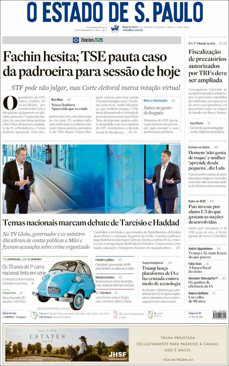 Portada de O Estado de São Paulo (Brasil)