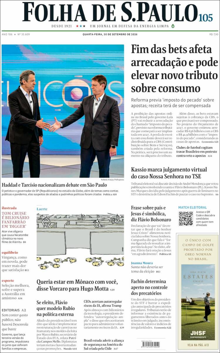 Portada de Folha de São Paulo (Brasil)
