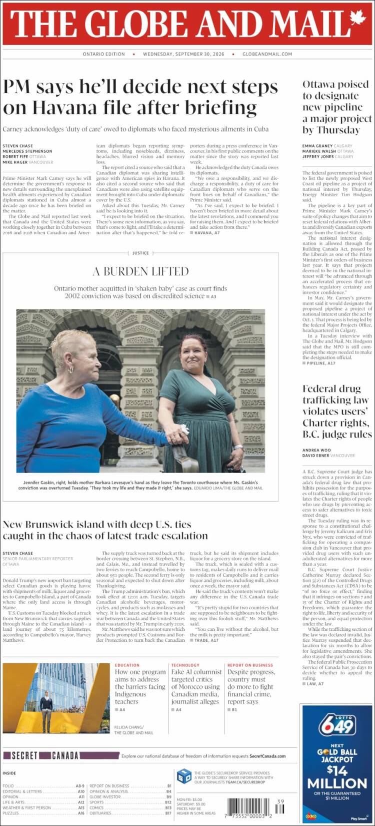 Portada de The Globe and Mail (Canad&aacute;)