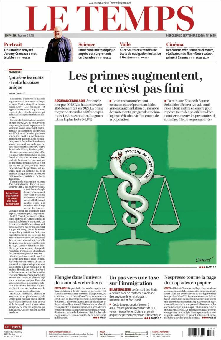 Portada de Le Matin (Suiza)
