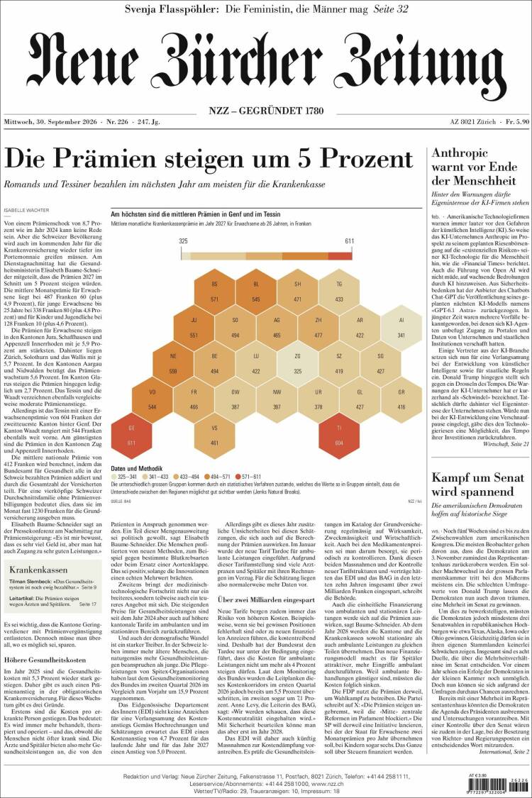 Portada de Neue Zürcher Zeitung (Suiza)