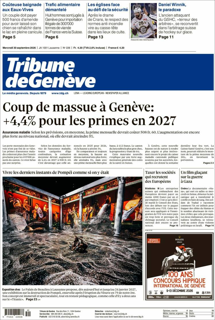 Portada de La Tribune de Genève (Suiza)