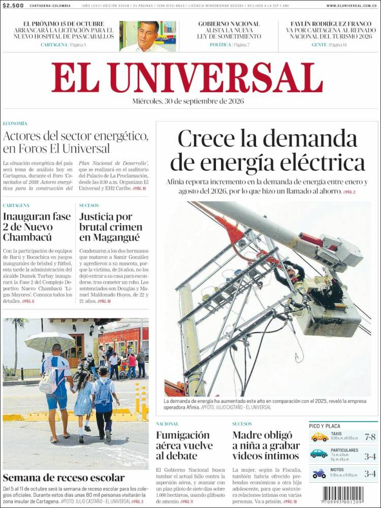Portada de El Universal (Colombia)