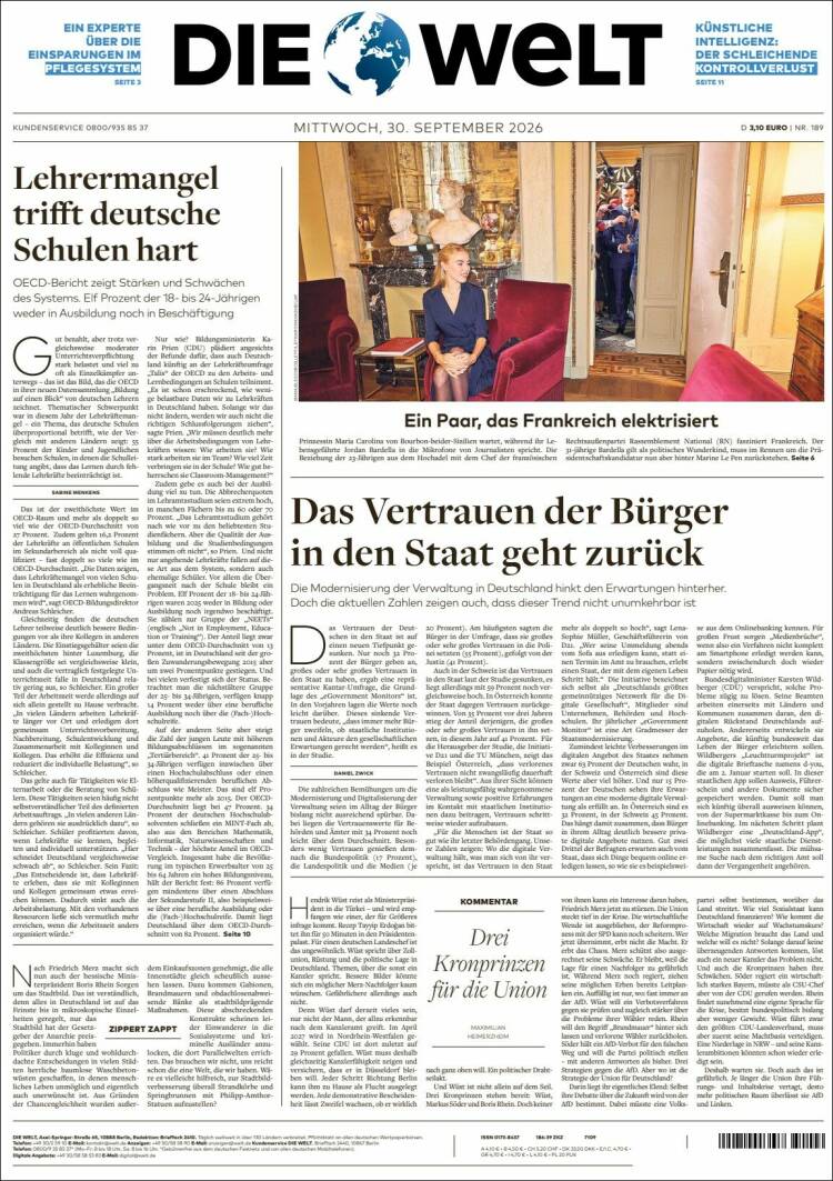 Portada de Die Welt (Alemania)