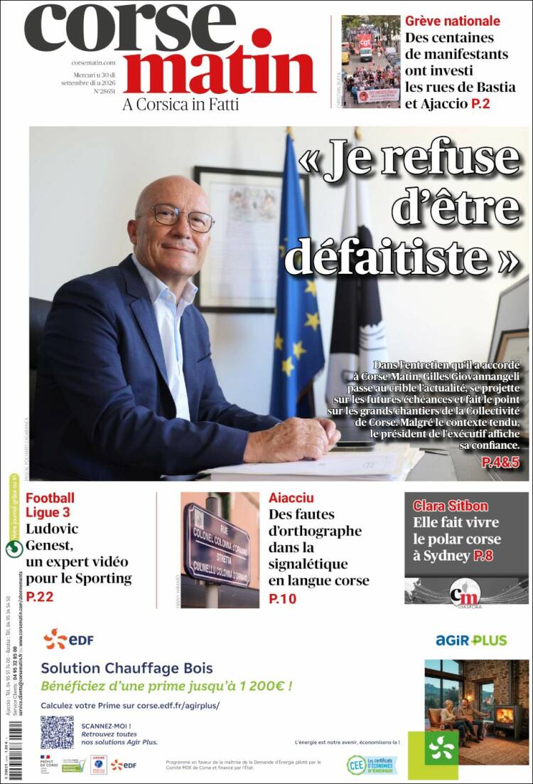 Portada de Corse-Matin (Francia)