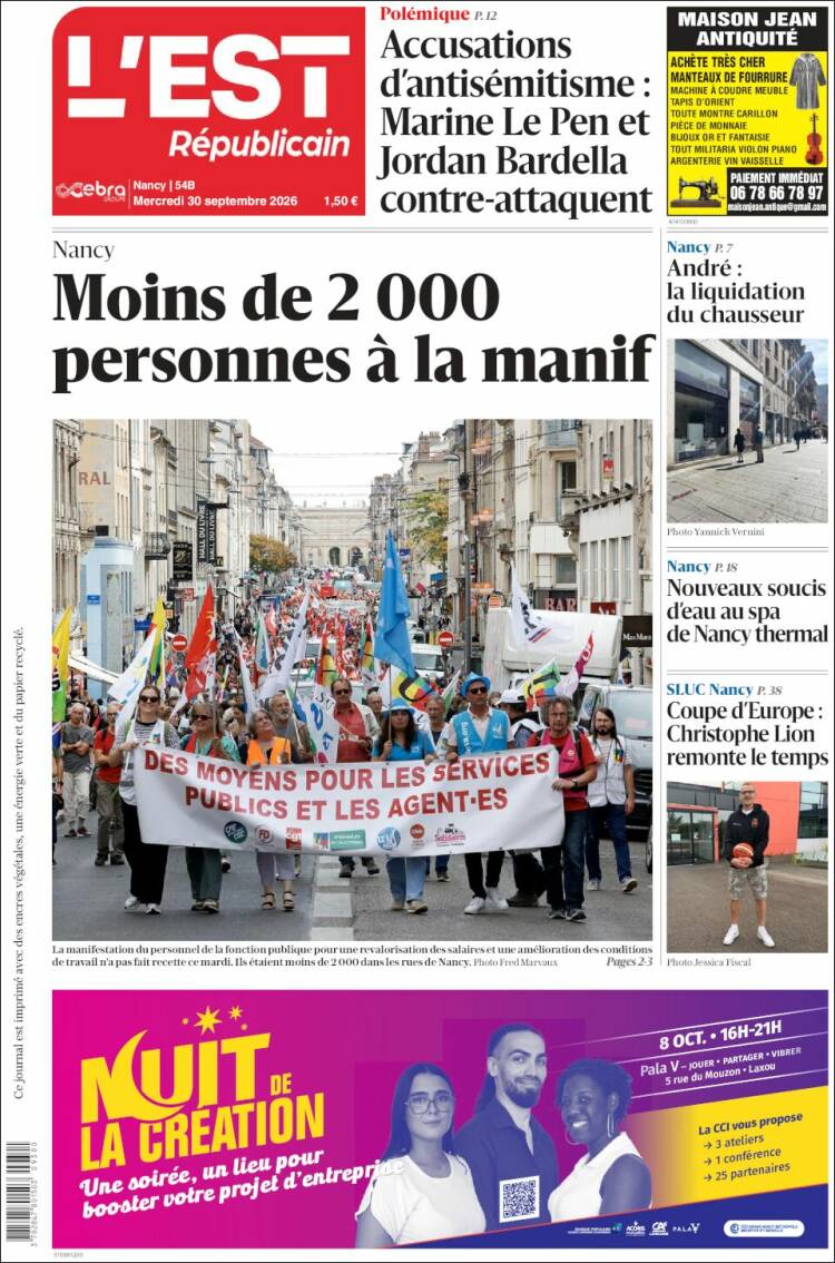 Portada de L'Est Republicain (Francia)