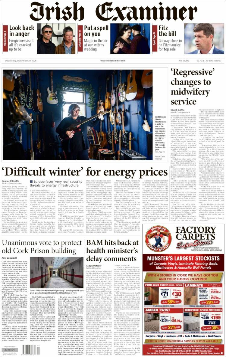 Portada de Irish Examiner (Irlanda)