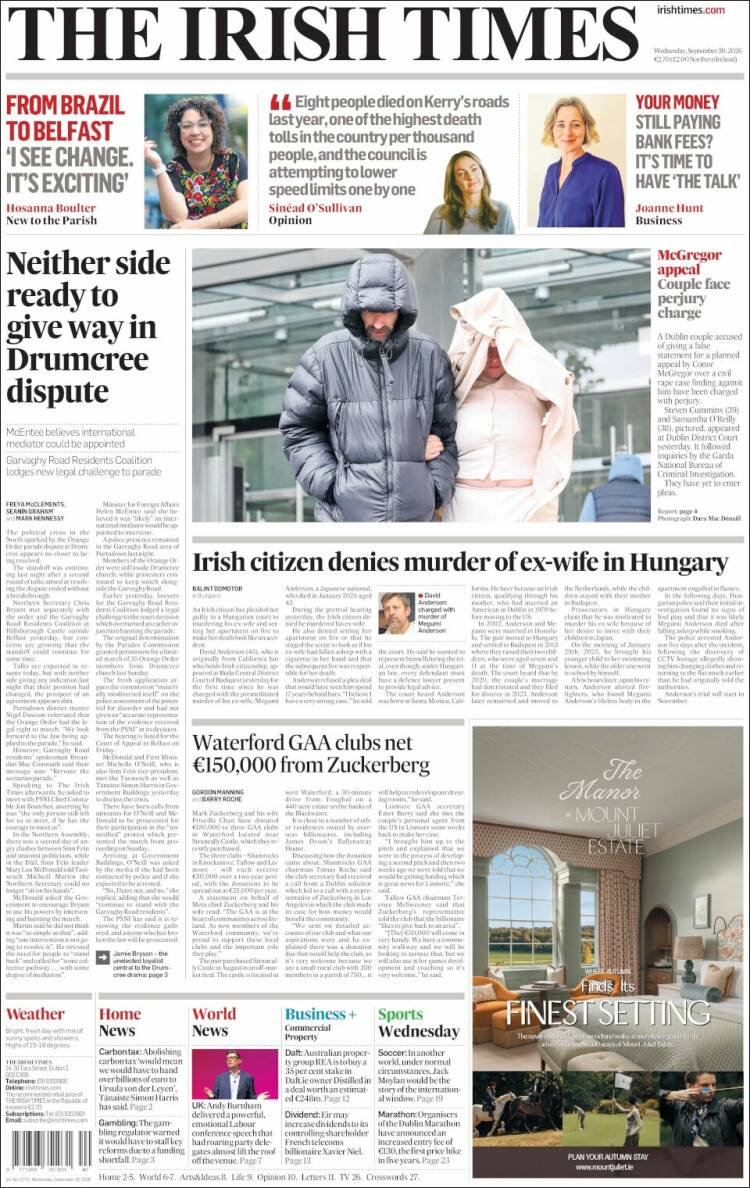 Portada de Irish Times (Irlanda)