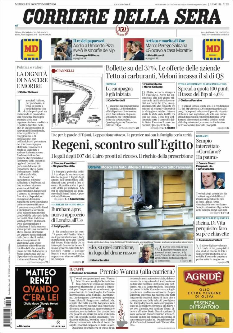 Portada de Corriere della Sera (Italia)