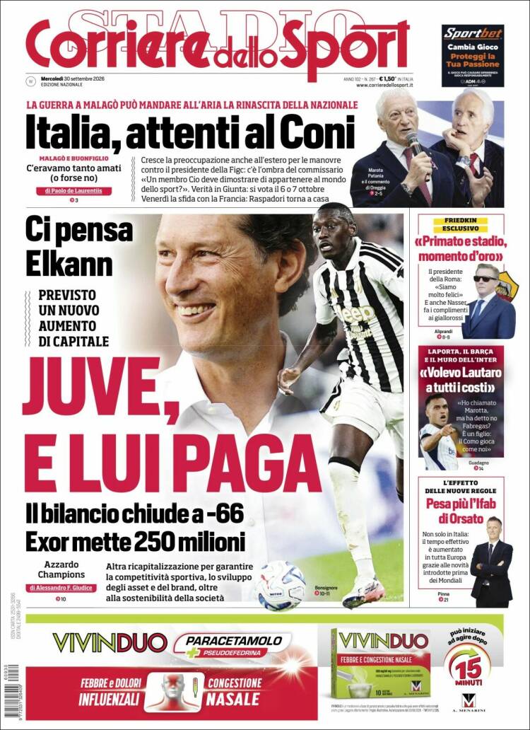 Portada de Corriere dello Sport (Italia)