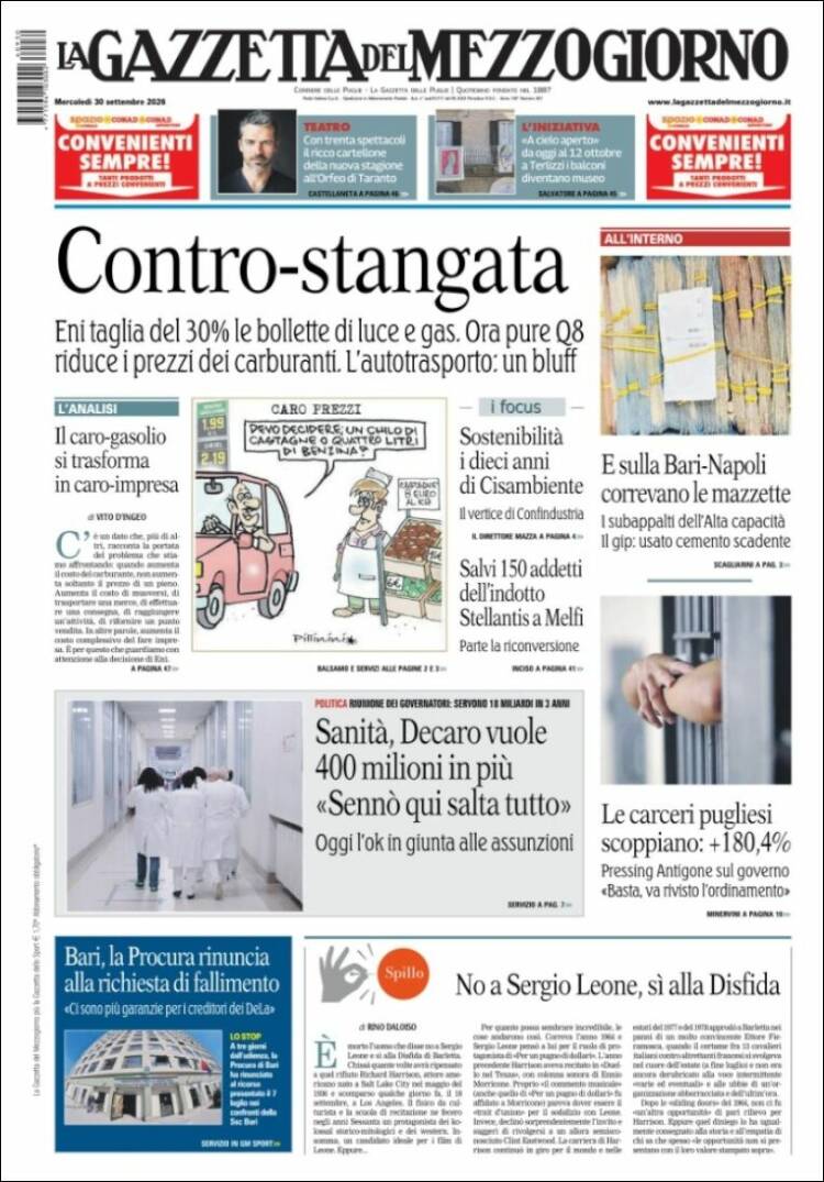 Portada de La Gazzetta del Mezzogiorno (Italia)