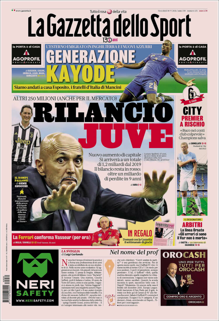 Portada de La Gazzetta dello Sport (Italia)