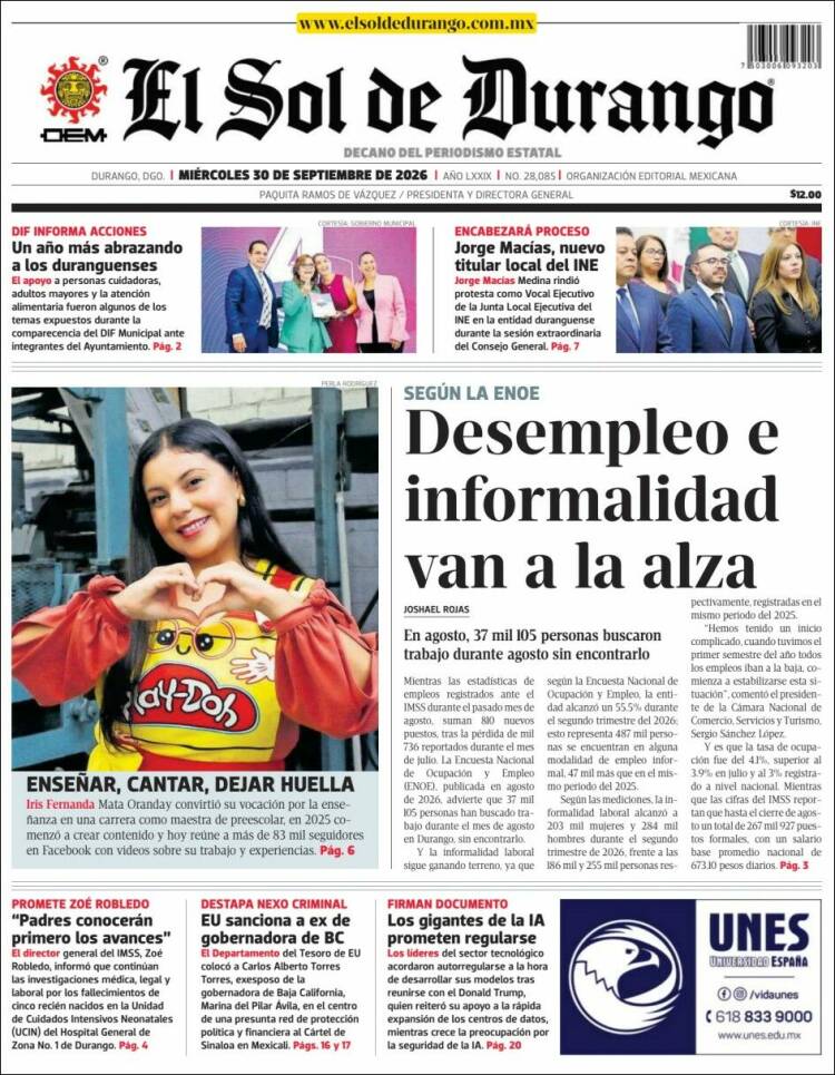 Portada de El Sol de Durango (M&eacute;xico)