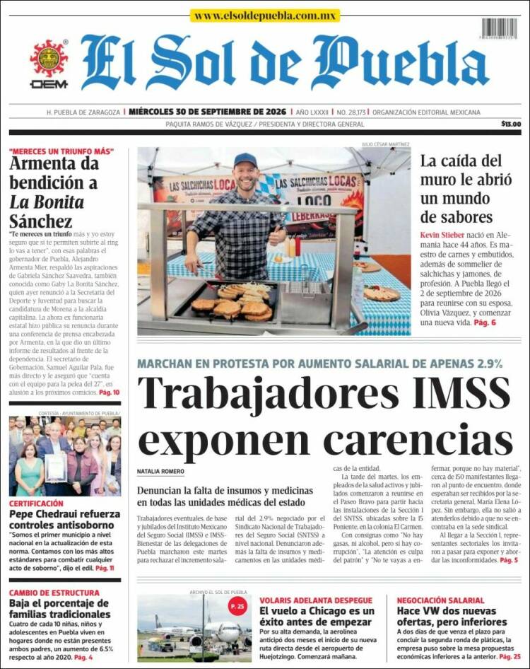 Portada de El Sol de Puebla (M&eacute;xico)