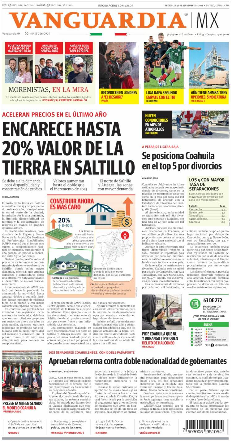Portada de Vanguardia (M&eacute;xico)
