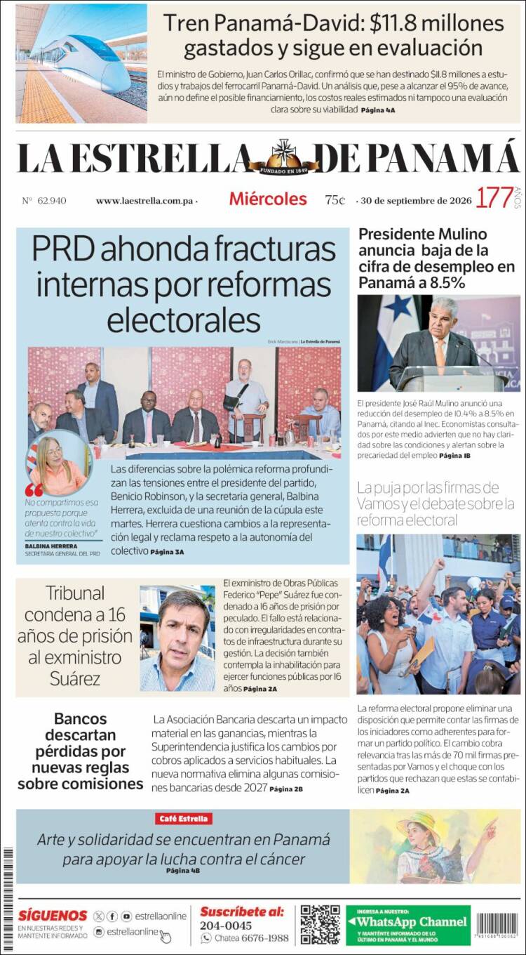 Portada de La Estrella de Panamá (Panam&aacute;)